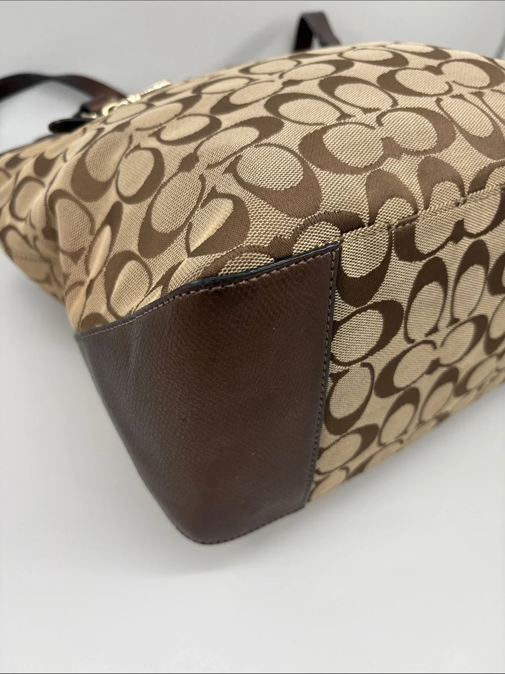 Coach Beige Brown Signature Canvas Tote with Dark Brown Straps
